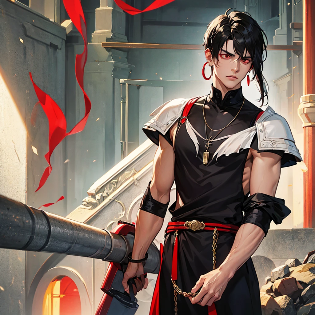 a man with black mullet hair cut and bright red eyes, staring full of anger, the man was wearing a necklace and earrings,medieval set