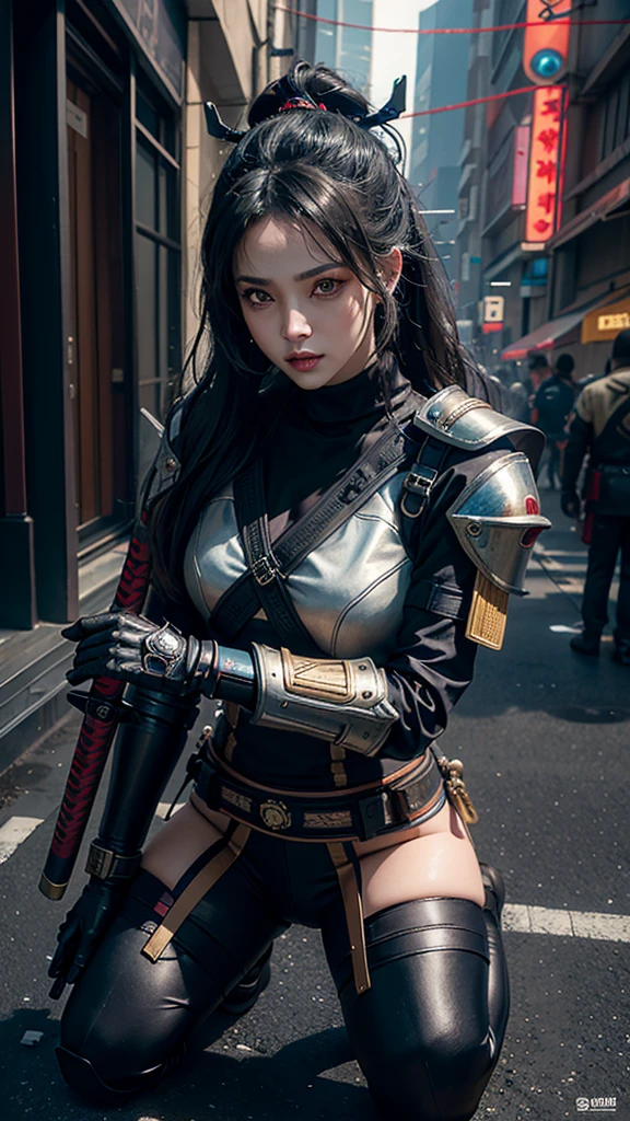 Hyperrealistic version of a woman kneeling down with a sword in her hand, very beautiful cyberpunk samurai, anime cyberpunk art, cyberpunk samurai, cyberpunk anime art, anime cyberpunk, cgsociety 9, digital cyberpunk anime art, style of maciej kuciara.1girl, samurai armor, helmet oni evil mask,intricate, ornaments detailed, cold colors, metal, egypician detail, highly intricate details, realistic light, trending on cgsociety, glowing eyes, facing camera, neon details, ultra realistic details, portrait full body, japanese atmosphere, global illumination, shadows, octane render, 8k, ultra sharp.cool ta.