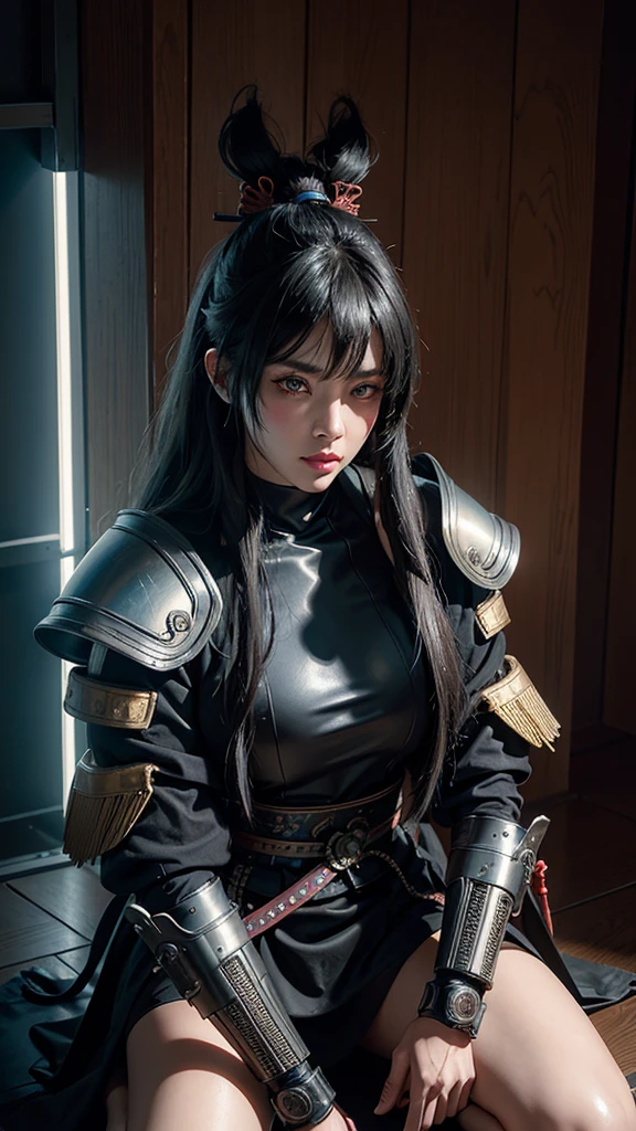 Hyperrealistic version of a woman kneeling down with a sword in her hand, very beautiful cyberpunk samurai, anime cyberpunk art, cyberpunk samurai, cyberpunk anime art, anime cyberpunk, cgsociety 9, digital cyberpunk anime art, style of maciej kuciara.1girl, samurai armor, helmet oni evil mask,intricate, ornaments detailed, cold colors, metal, egypician detail, highly intricate details, realistic light, trending on cgsociety, glowing eyes, facing camera, neon details, ultra realistic details, portrait full body, japanese atmosphere, global illumination, shadows, octane render, 8k, ultra sharp.cool lolita.