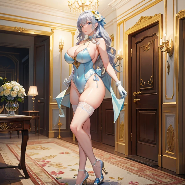 (masterpiece image, very detailed image, best high quality high definition image), solo character
1woman 40 years old beautiful swedish woman , fair skin, light blue eyes, wavy yellow gold hair, absolute beauty, aristocrat, wealthy powerful woman, serious face, ,  figure, huge  (headbang bith two flue flowers, silver necklace, white gloves, leotard, white blue hoses, gold high heel shoes,), standing around dinner room
