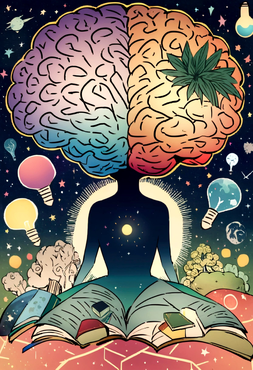 Uma viajem pelo planet mente, Silhouette or image of a brain with a bright dot in the center representing cognition or insight, a line leaving the brain and connecting to a plane, complemented by elements that symbolize knowledge and learning, like books or a light bulb, planet, Uma viajem pelo planet mente