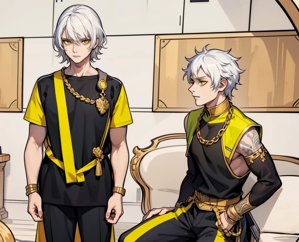 They are talking seriously, white hair, yellow eyes.