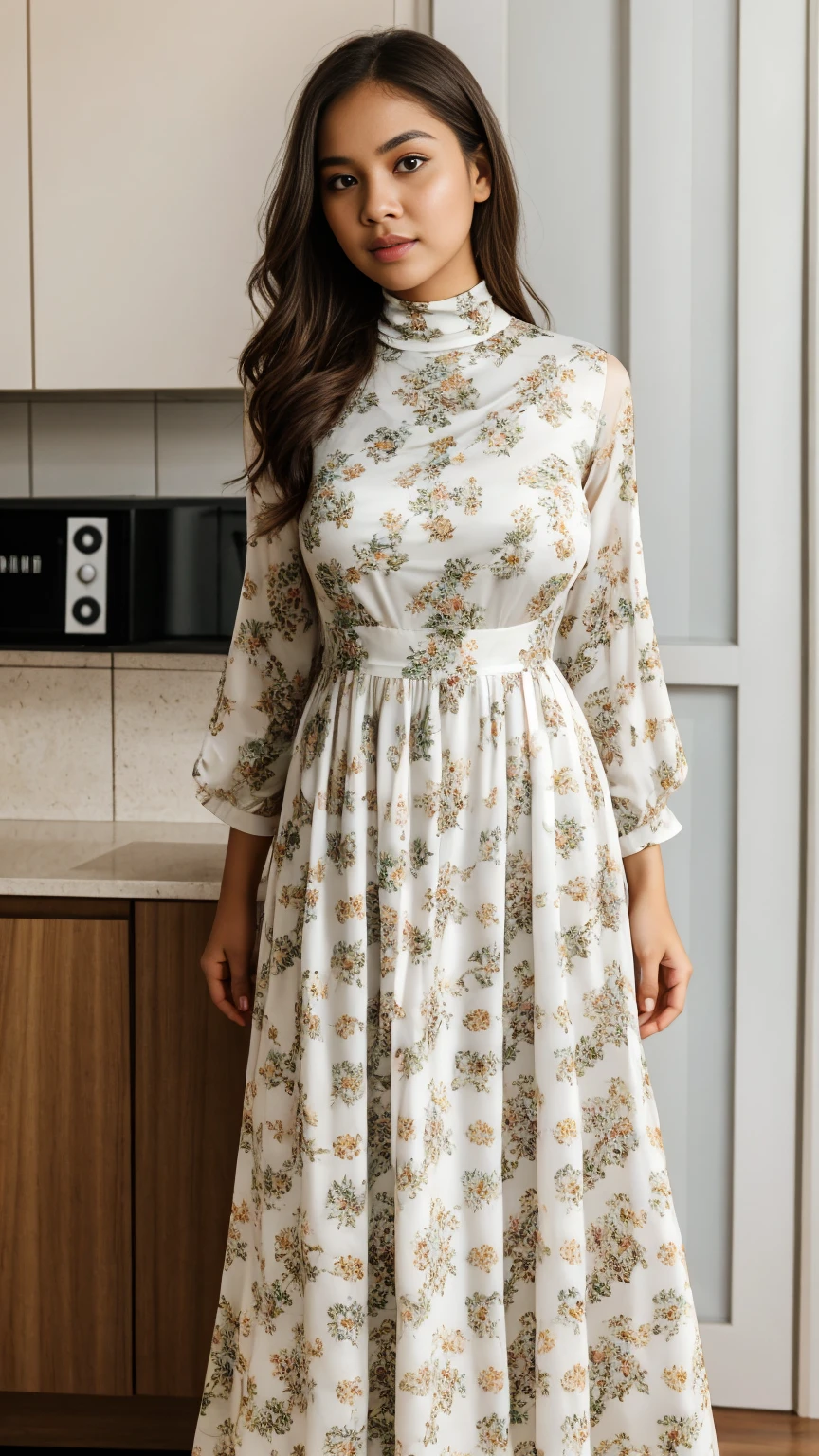 full body shot of (abbie_cornish:0.6) indonesian girl wearing a casual shirt, casual dress, long skirt, in a kitchen,face incredibly detailed, lips, realistic skin, solo,medium breasts,skin tight, puffy ,facial, masterpiece,best quality, Intricate, High Detail, dramatic, front view, wide view,RAW, Best quality, high resolution, masterpiece: 1.3), beautiful Indonesian woman in hijab, Masterpiece, perfect fit body, big breast,big gorgeous eyes, Soft smile,beautiful face,thick thighs, woman in a black and white floral dress standing in front of a green door, modest flowing gown, beautiful soft silky dress, beautiful silky dress, beautiful detailed dress, stylish dress, swirly flower dress, wearing a long flowery dress, full covered dress, delicate patterned, long dress female, frock, flowery dress, baroque dress, lady with glowing flowers dress , (Delicate turtleneck) , Excellent lighting, Bright colors, Clean lines,