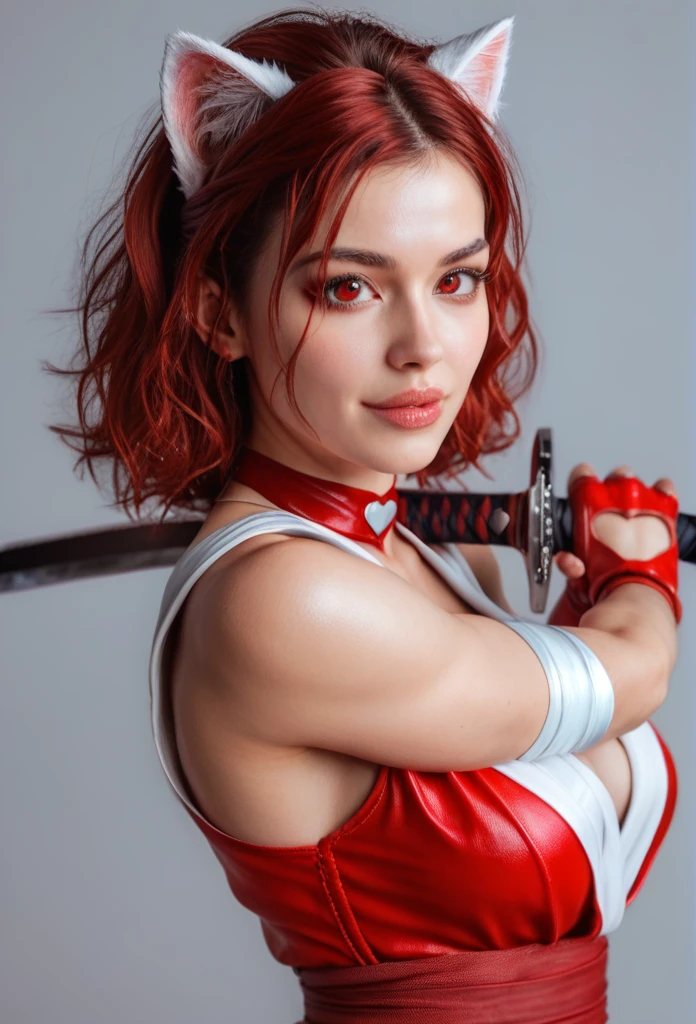 elegant red ninja girl, long red hair with cat ears, beautiful detailed eyes, beautiful detailed lips, extremely detailed face and skin, longeyelashes, choker, heart ornament, sfw, covered medium breasts, wearing shiny red ninja outfit with white fur, carrying sword, fighting pose, (best quality,4k,8k,highres,masterpiece:1.2),ultra-detailed,(realistic,photorealistic,photo-realistic:1.37),HDR,UHD,studio lighting,ultra-fine painting,sharp focus,physically-based rendering,extreme detail description,professional,vivid colors,bokeh,((red right eyes))