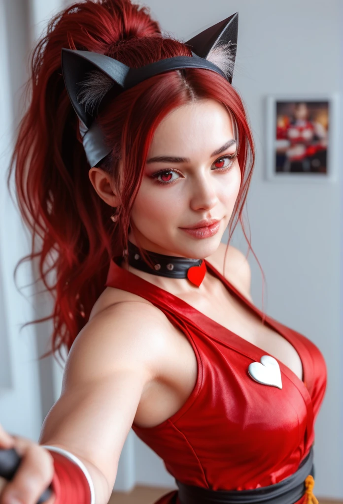 elegant red ninja girl, long red hair with cat ears, beautiful detailed eyes, beautiful detailed lips, extremely detailed face and skin, longeyelashes, choker, heart ornament, sfw, covered medium breasts, wearing shiny red ninja outfit with white fur, carrying sword, fighting pose, (best quality,4k,8k,highres,masterpiece:1.2),ultra-detailed,(realistic,photorealistic,photo-realistic:1.37),HDR,UHD,studio lighting,ultra-fine painting,sharp focus,physically-based rendering,extreme detail description,professional,vivid colors,bokeh,((red right eyes))