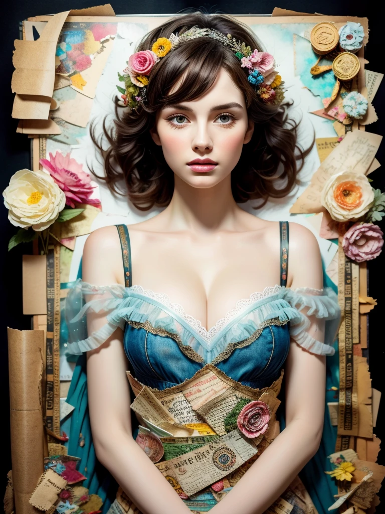 Super detailed alcohol ink painting of gorgeous girl, Made on top of a mixed-media masterpiece patchwork of stress-free vintage script paper, Ephemera, Torn cardboard, Vintage newspaper, Vintage sheet music, Wax Seal, Dress made of paper ruffles and life-size dainty lace, in the style of [Junk Journal, double exposure, Equal to the size of the body, Greg Simkins, Mark Davis, Oliver Jeffers, Andy Kehoe], Cinematic, Stunning, Highly detailed, 8K, dehazed