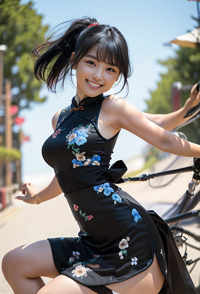 （8K、Raw photography、Highest quality、masterpiece：1.2),(Black Hair、Dark Eyes:1.9),(Blue floral cheongsam:1.4)、View your audience,Front view,White skin,(ponytail:1.3)、(Tight waist:1.6)、(Clothes that accentuate the shape of the breasts:1.0)、(Big Breasts :1.3)、Slim figure、Ultra-high resolution,beautiful,beautiful fece,(One person、No background:1.9),whole bodyボディー,Japanese women,（reality的：1.37）、Photon Mapping,reality、(-faced and cute: 1.4)、(Cute Smile: 1.8)、(Round face: 1.8)、Radio City、Physically Based Rendering、Depth of field rally background、photograph, (I can see your knees、Thigh close-up:1.8),（:1.6）,whole body、Great quality