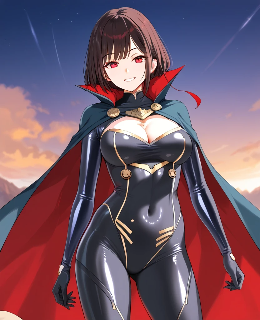 1girl, ultra high res, large chest, body suit, covered navel, cape, smile, red eyes