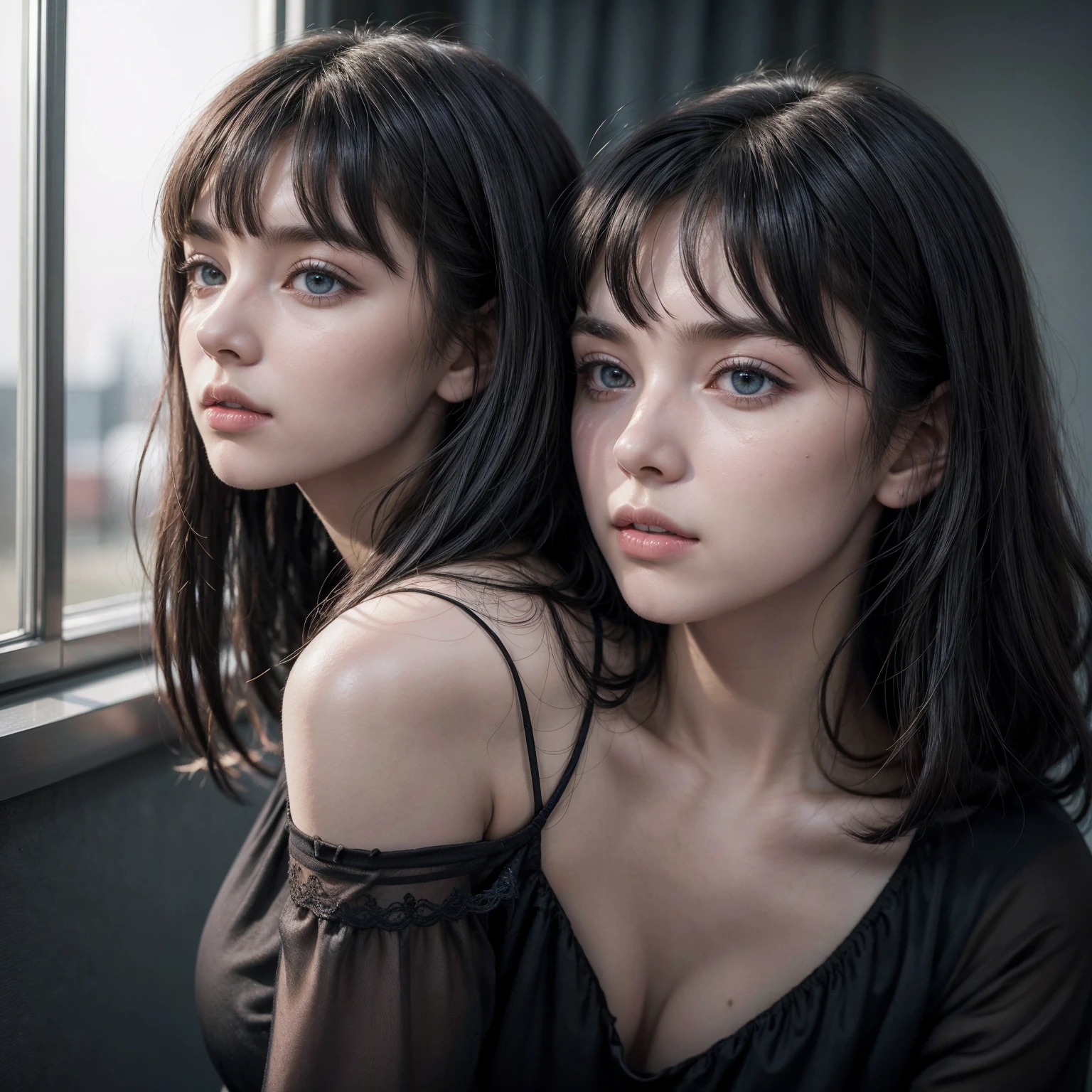 ((mejor calidad)), ((Obra maestra)), (detallado), 1 chica, suéter con hombros descubiertos,  white woman in a black dress posing for a picture, cynthwave, with pale skin, pale fair skin!!, she has black hair with bangs, promo shot, pale goth beauty, pale skin and dark eyes, shag hair, black hair in a rough shag, shaggy hair, wolfcut, shoulder lenght hair, photo from a promo shoot, with bangs, profile shot, black bangs, sophie thatcher!!!! sophie thatcher from yellowjackets, sophie thatcher from chicago med, Sophie Bathsheba Thatcher, sophie bathsheba thatcher from the boogeyman, blue eyes, green eyes, light eyes, 
