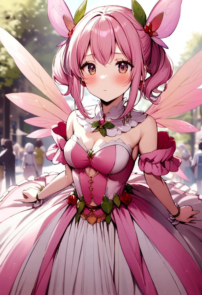 pink hair woman Dressed in a fairy tale costume with cute wings, medium breasts, 160 cm tall.