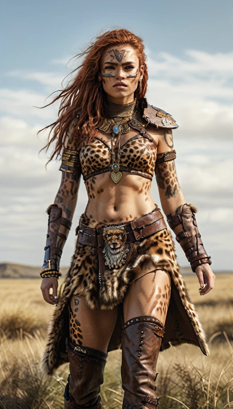 (best quality,ultra-detailed),(realistic:1.37), full body shot, scene:sexy muscled female barbarian,red long hair,sexy barbarian armor outfit, lots of cheetah fur details, six packs,detailed chetah fur tunic under armor, scouting plain nearby on savana ,medium:oil painting,material:fine canvas,additional details:gorgeous golden accessories,jewelry, cheetah leather boots, cheetah fur coat ,art style:fantasy,colors:rich and vibrant,lighting:soft golden sunlight