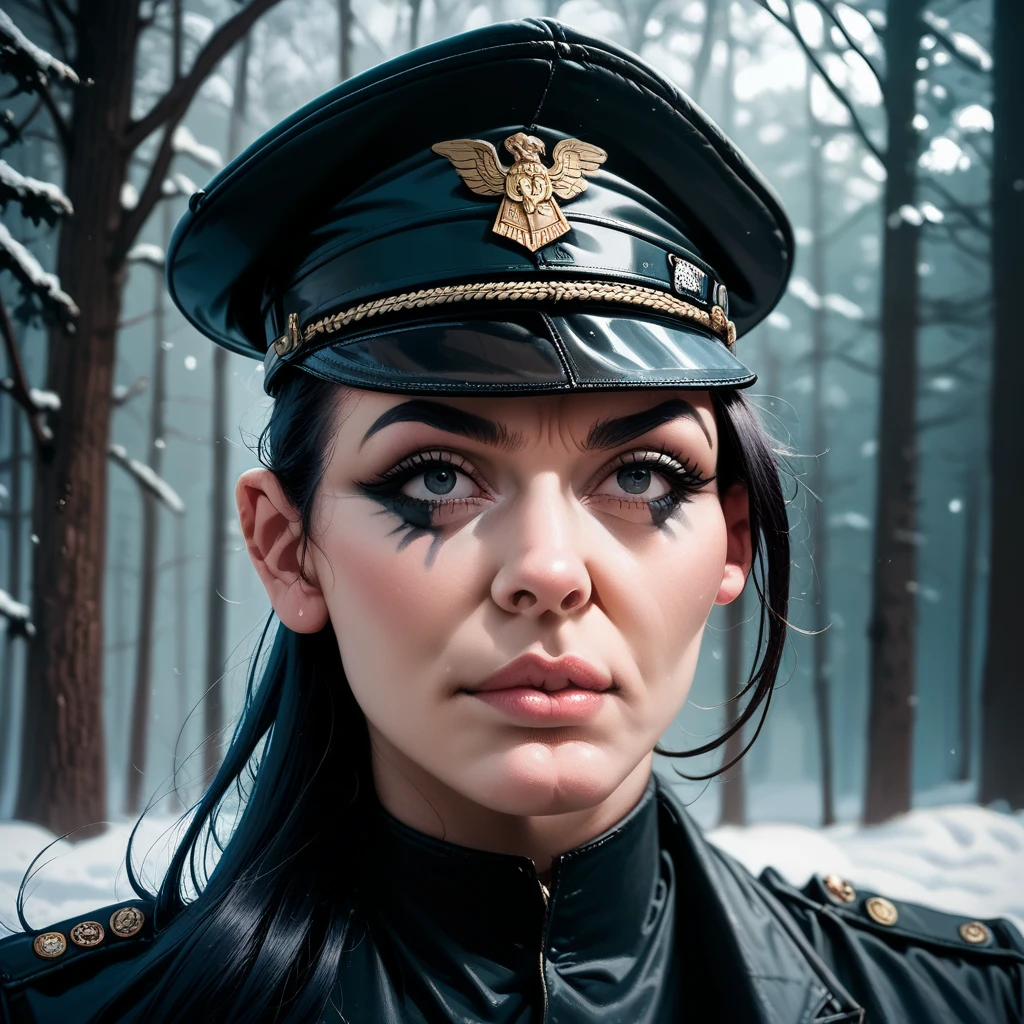 beautiful ((similing)) relytvil posing in (dynamic pose) as a world war 2 diesel punk army officer, black leather uniform with cleavage wearing leather army hat, photo referenced, highest quality, high quality, (detailed face and eyes), dusk lighting,, strong makeup, industrial, outdoor snow forest background ((close up))