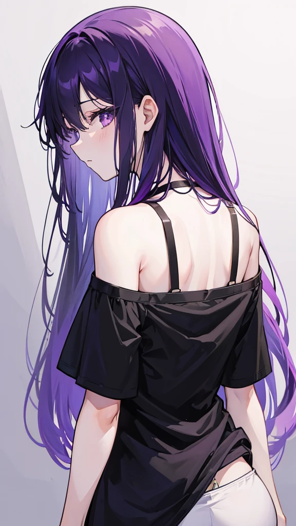 woman from behind with straight hair, purple locks and a black t-shirt with no design , in the best quality on black background