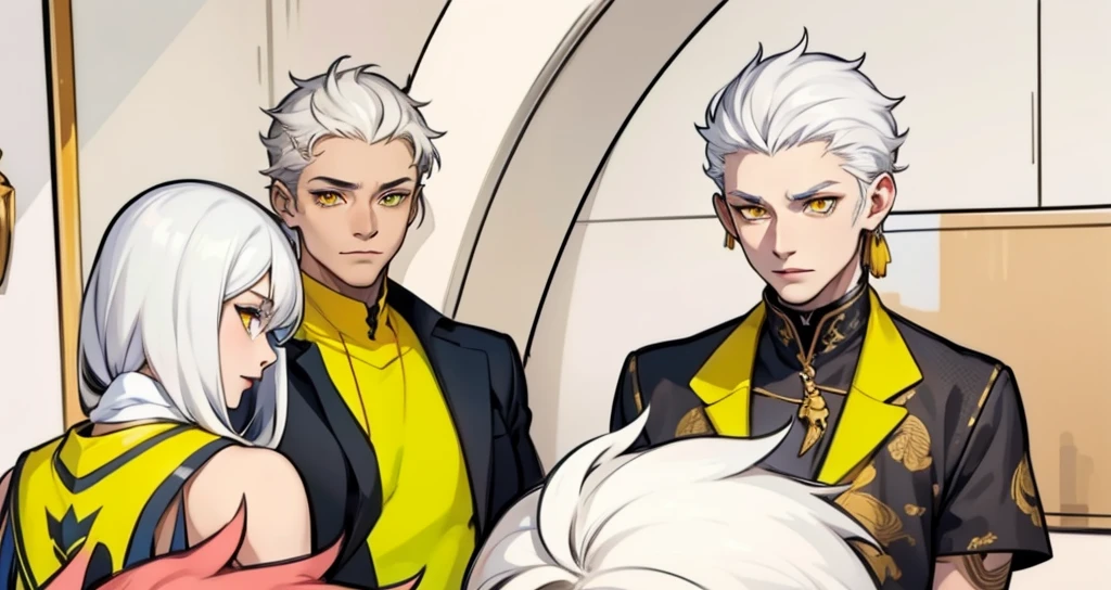 They are talking seriously, white hair, yellow eyes. 