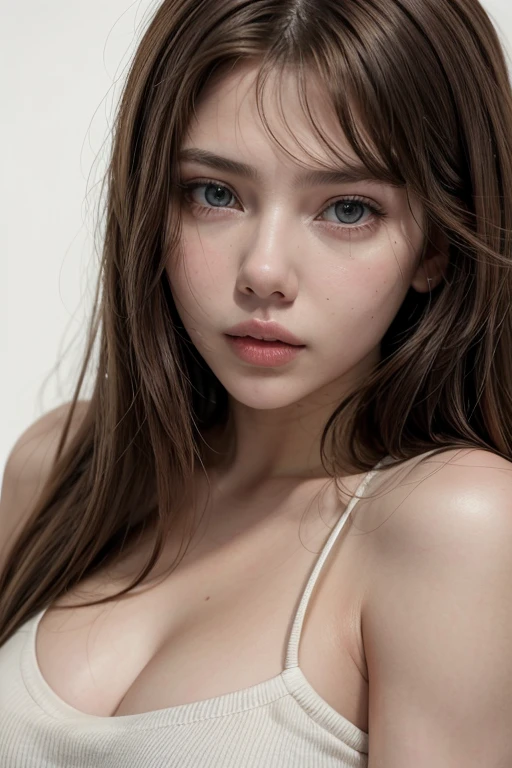 20-year-old woman similar to Scarlett Johansonn, looking straight at the camera, with bangs, light brown eyes, white background