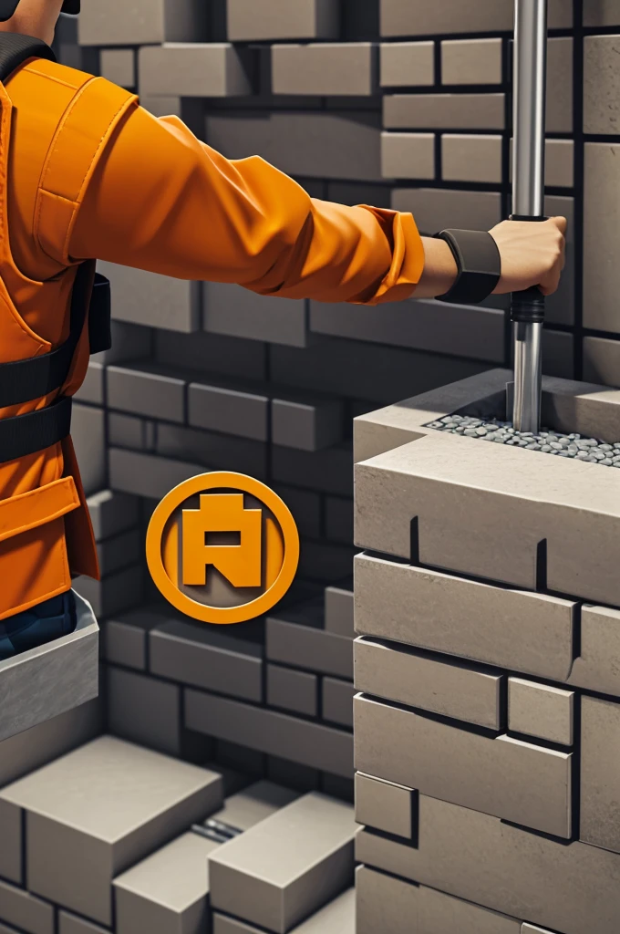 Imagine a stylized circular logo of the character Steve from the game Minecraft, but wearing classic orange construction clothes. The image should capture the essence of the character, using the game's signature pixel style. Steve should be in a dynamic pose, with a yellow safety helmet and construction tools like a hammer or a shovel. The background of the logo can include iconic Minecraft elements like dirt and stone blocks, as well as construction-related details like scaffolding and warning signs. The logo should have a clean and clear design, suitable for use in merchandising or as an app icon.