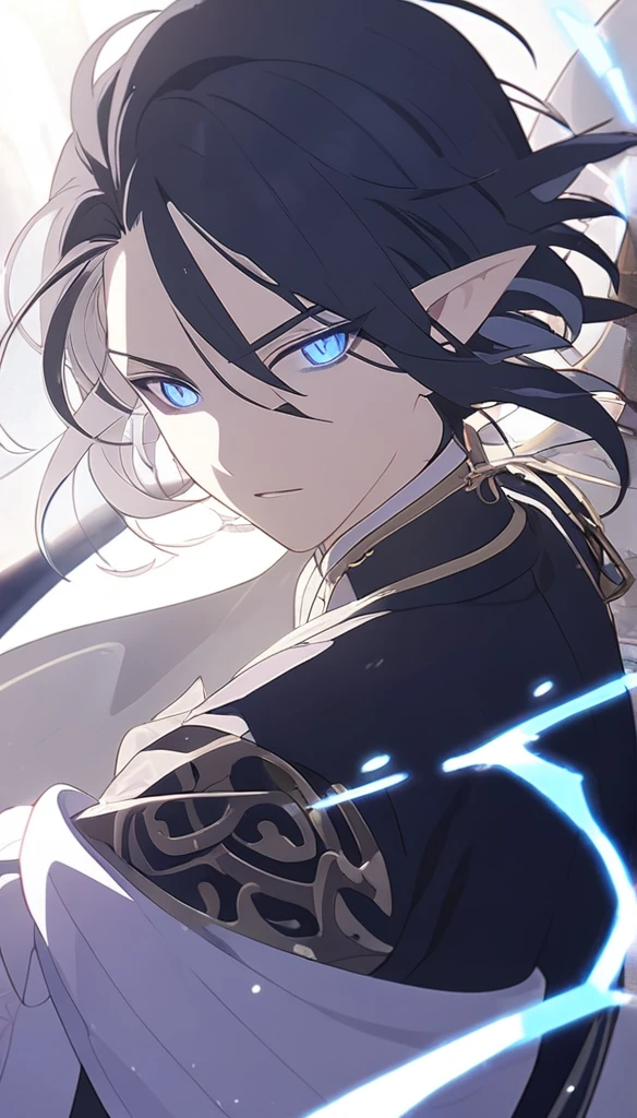 1man, elven ears, electric god, blue black hair, short messy hairstyle, glowing blue eyes, electric spark, priest, elegant thai clothes,