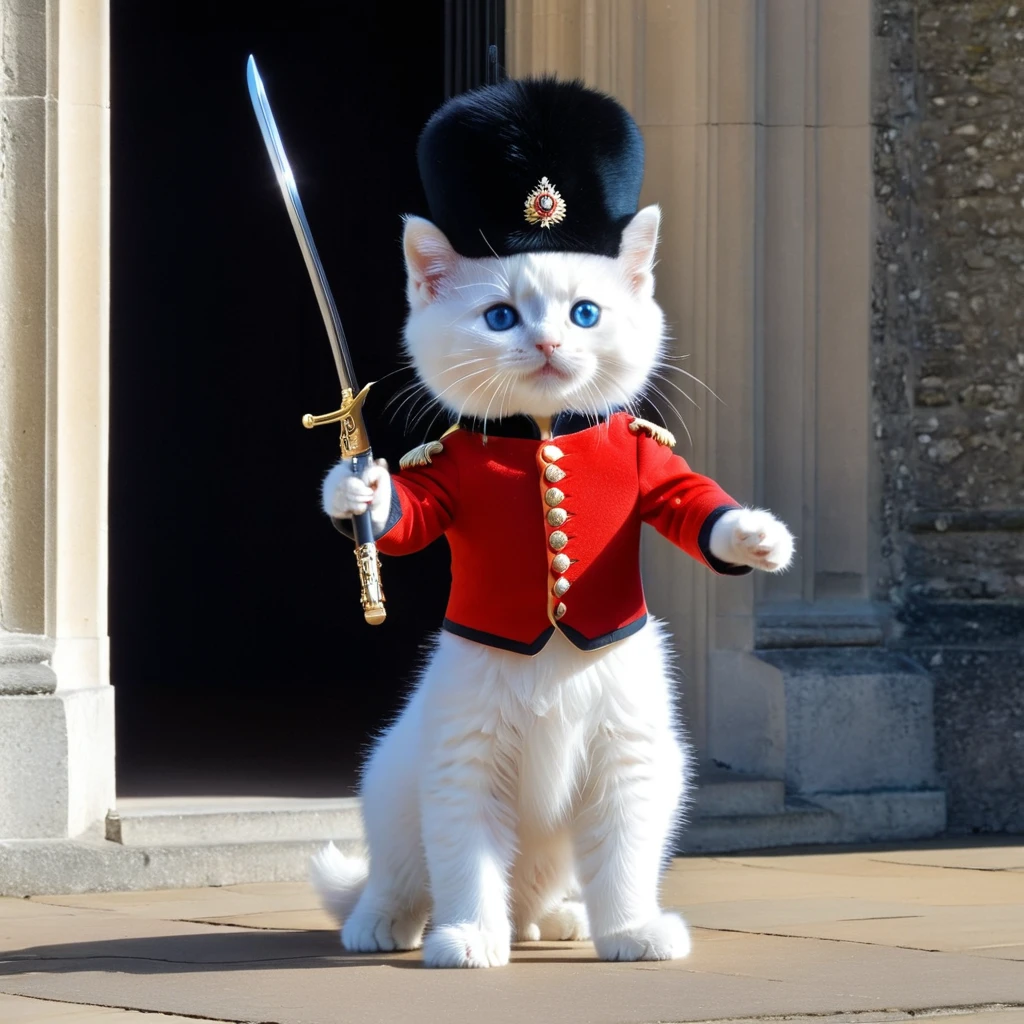 C4tt4stic, a human-like animal character walks on two legs, wears clothing and has a human-like posture,The animal is a white furry kitten with human-like limbs and blue eyes and is surrounded by countless particles of light, each of which shines brightly,A ceremonial guard in a red uniform and black bearskin hat stands in front of a historic building,The guard is inside a small guardhouse building with a curved top,The building has stone walls and a window in the background,The guard stands upright with his rifle slung over his shoulder, displaying a formal and disciplined posture,The scene resembles the changing of the guard ceremony at Buckingham Palace in London