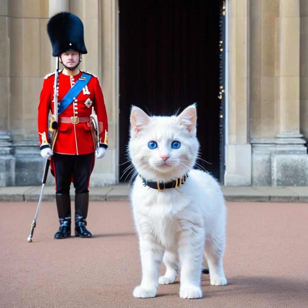 C4tt4stic, a human-like animal character walks on two legs, wears clothing and has a human-like posture,The animal is a white furry kitten with human-like limbs and blue eyes and is surrounded by countless particles of light, each of which shines brightly,A ceremonial guard in a red uniform and black bearskin hat stands in front of a historic building,The guard is inside a small guardhouse building with a curved top,The building has stone walls and a window in the background,The guard stands upright with his rifle slung over his shoulder, displaying a formal and disciplined posture,The scene resembles the changing of the guard ceremony at Buckingham Palace in London