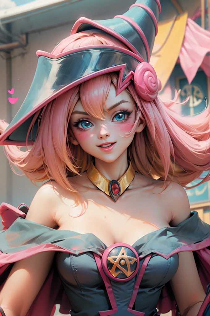 Create the beautiful face of dark magician gils. blue eyes. pink lips. white tea. blond hair. girl smile. Uncovered shoulders. Necklace on the neck. dark wizard gils face. His hands make the sign of peace and love. Peace and love in your hands. 