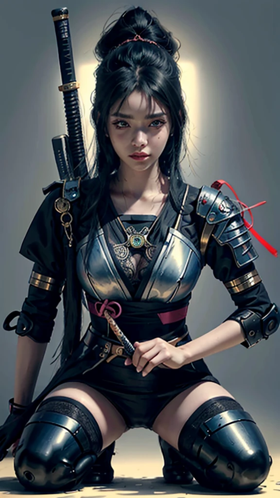 Hyperrealistic version of a woman kneeling down with a sword in her hand, very beautiful cyberpunk samurai, anime cyberpunk art, cyberpunk samurai, cyberpunk anime art, anime cyberpunk, cgsociety 9, digital cyberpunk anime art, style of maciej kuciara.1girl, samurai armor, helmet oni evil mask,intricate, ornaments detailed, cold colors, metal, egypician detail, highly intricate details, realistic light, trending on cgsociety, glowing eyes, facing camera, neon details, ultra realistic details, portrait full body, japanese atmosphere, global illumination, shadows, octane render, 8k, ultra sharp.cool ta.