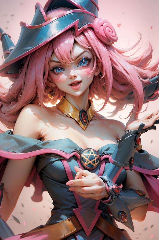Create the beautiful face of dark magician gils. blue eyes. pink lips. white tea. blond hair. girl smile. Uncovered shoulders. Necklace on the neck. dark wizard gils face. His hands make the sign of peace and love. Peace and love in your hands. 