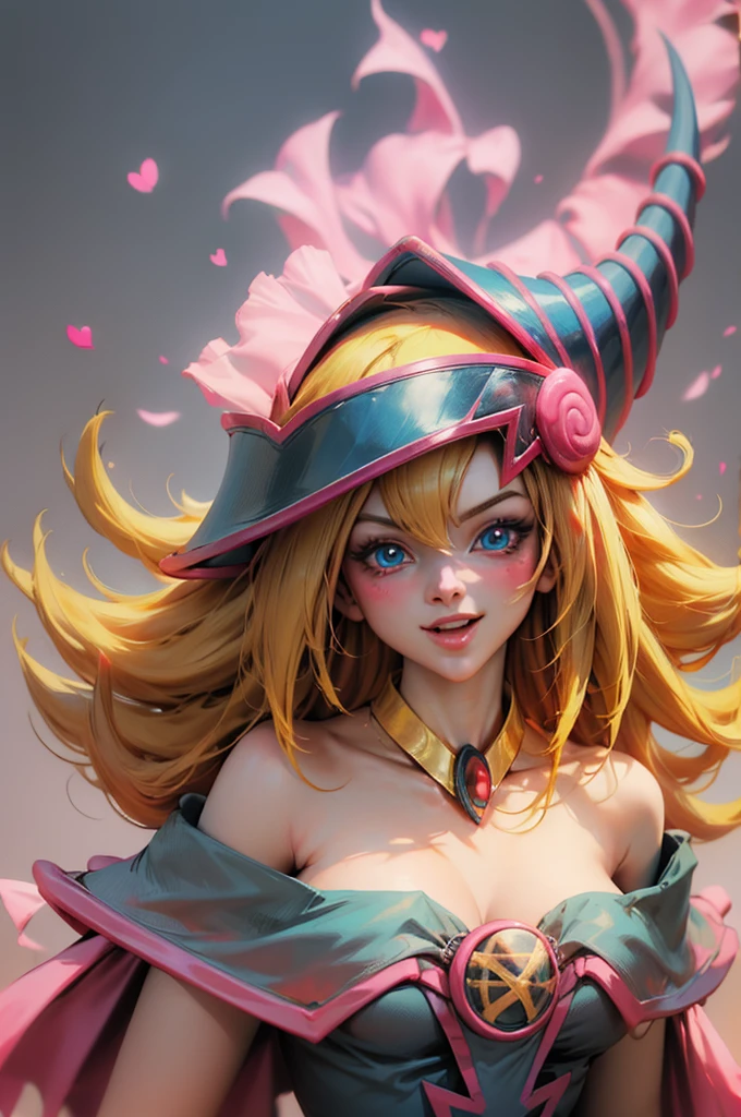Create the beautiful face of dark magician gils. blue eyes. pink lips. white tea. blond hair. girl smile. Uncovered shoulders. Necklace on the neck. dark wizard gils face. His hands make the sign of peace and love. Peace and love in your hands.