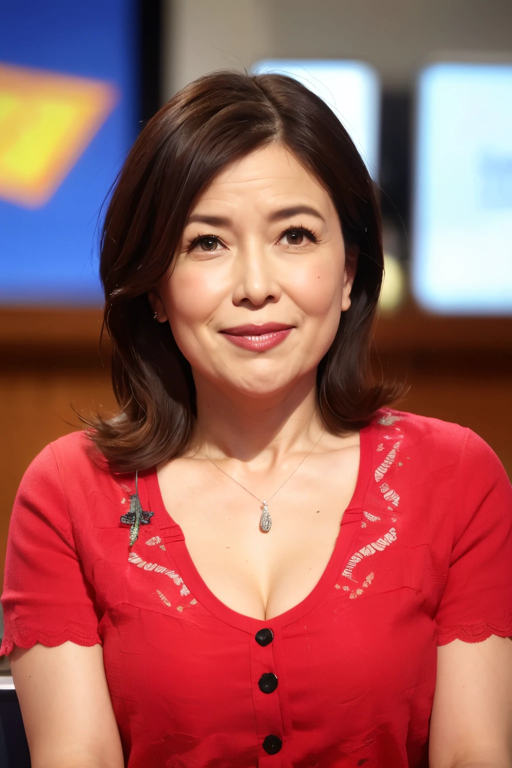 最high quality, 8K, Masseter muscle area, Lifelike, Sharp focus, high quality, High resolution, Chubby, Middle-aged women, Plump Mature Woman, 55 years old, Esbian all over, Wearing high heels, Highly detailed face, Highly detailed eyes, Thick lips, ((Look at the viewers)), Plump figure, Beautifully styled hair, Cleavage, Brightly colored patterned dress, Afternoon in front of the park garden