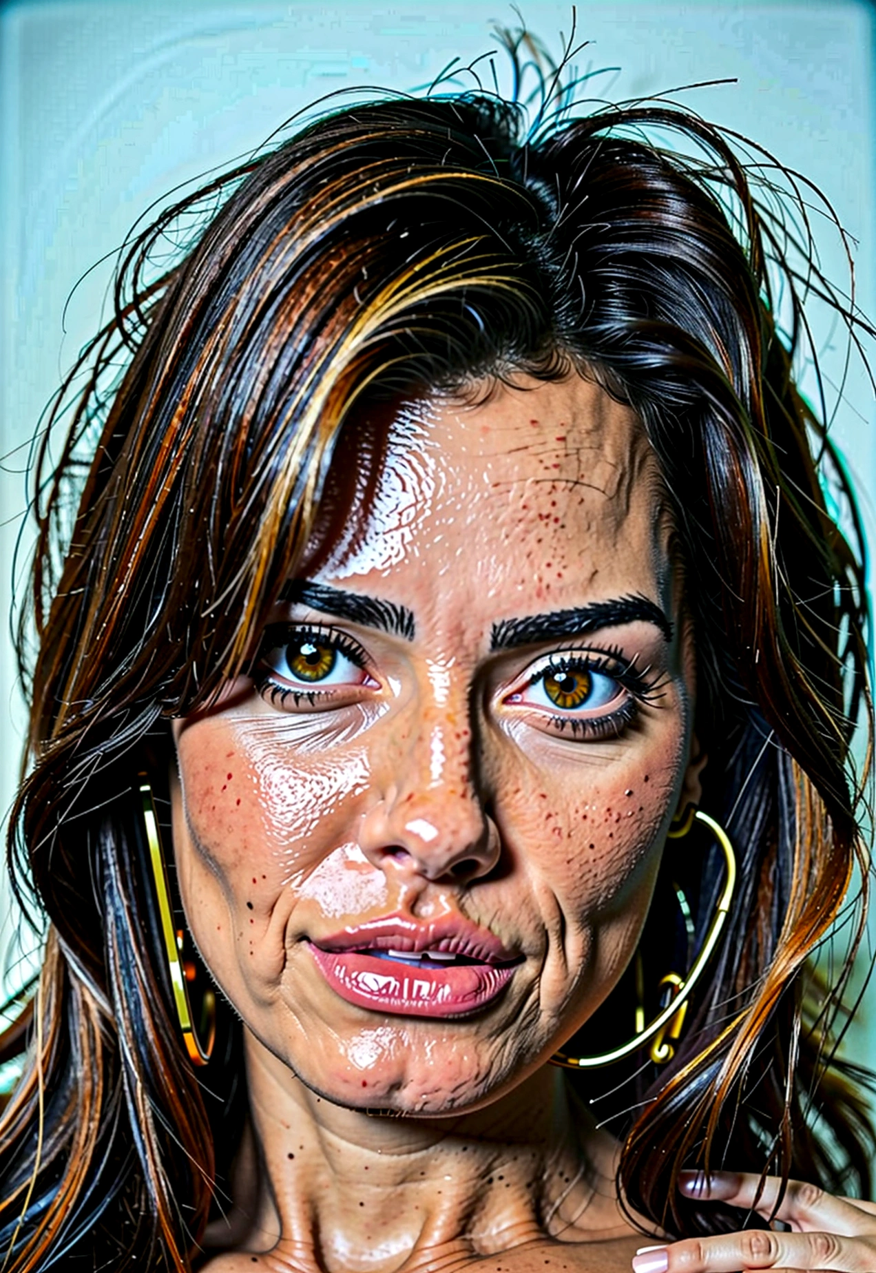   jolie jeune femme brune qui regarde devant soi avec de beaux yeux marrons d'origine italienne avec de longs cheveux bruns raides qui porte une jupe et un tailleur 