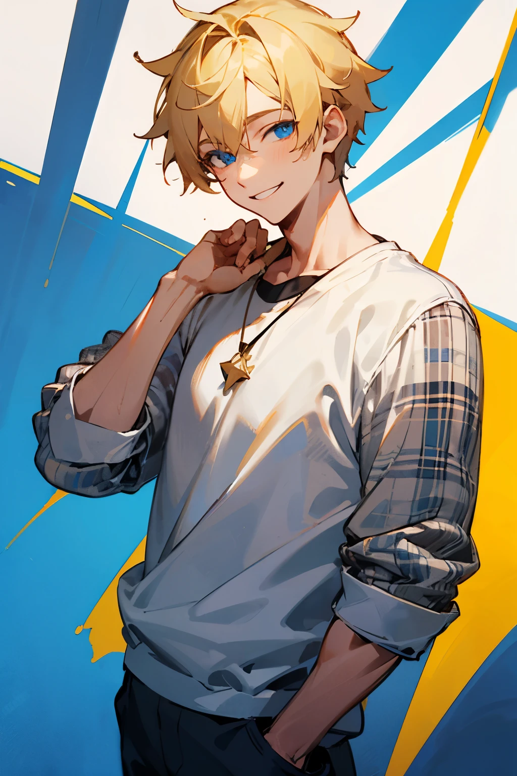 One boy, Male, Blonde hair, Blue eyes, casual clothes, Smilling, friendly