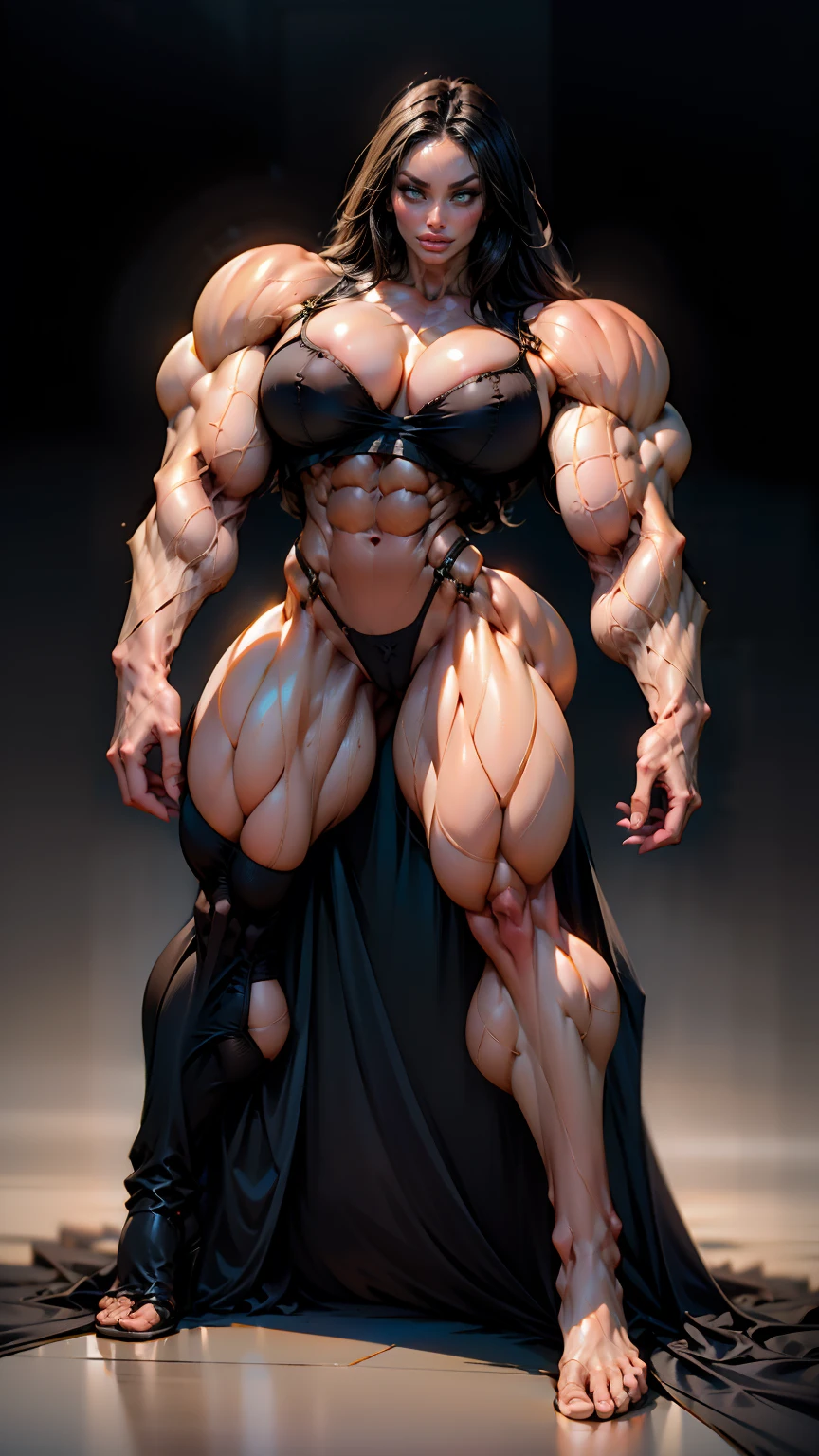 (megan fox), (((1 girl))), (very muscular bodybuilder girl:1.25), (huge upper body:1.25), (narrow hips:1.45), long hair, (black sexy lingerie:1.0), (full body front view:1.0), (perfect hands, perfect fingers), ((grey empty background:1.0))