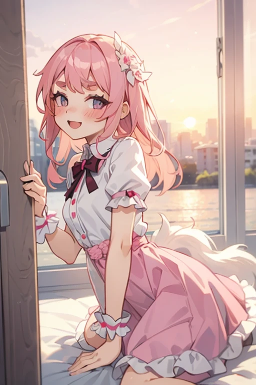 Girl with pink hair, long double-tailed hairstyle ((small pink bushy eyebrows)), lolicon, dressed in lolita dress, sunset lightingwith a flirtatious smile,
side doggystyle sex, 1 boy 1 girl