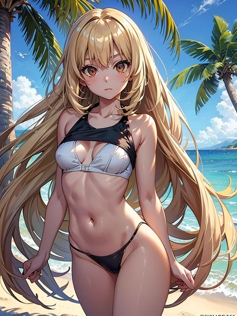 masterpiece, rich colors, Best quality, detailed, high resolution, Hyper quality, high detail, , high quality, detailing, skinny sexy girl on the beach , bright lighting , Brown eyes, Anime, palm trees, bright lighting, blonde,