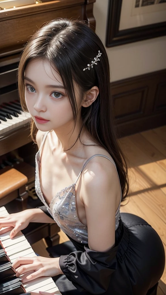 ((Beautiful girl playing piano in the living room, Practicing the piano)), Detailed Piano, From above, Mysterious Space, clear々A nice morning, Living room of the mansion, Foliage plant, Window, (, Baby Face:1.r楚な黒ドレス), Small beautiful breasts, (Small beautiful butt:1.2), (((Chest flickering:1.3))), ((Detailed eyes and face, Professional photography techniques, Cinema Lighting)), ((Detailed hands, The pianist&#39;s beautiful hands)), (Highest quality, 8K, masterpiece:1.2, RAW Photos), Short Hair, (Perfect Anatomy:1.3), (View the viewer), (Super cute expression:1.3)