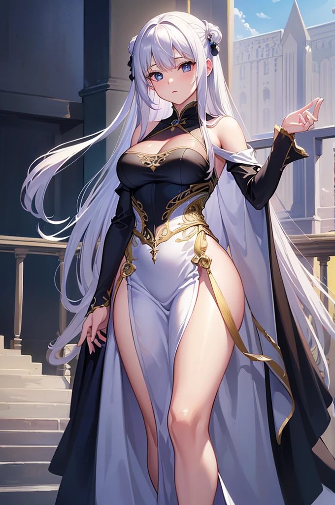 ((masterpiece:1.5,Highest quality,Highly detailed images,Beautiful images、Realistic、Photorealistic、2.5D))(1girl, 独奏)(medium breasts, white hair, black eyes, Healthy legs、Tight ass、Beautiful cleavage)(Fantasy dresses、Fantasy Costume: Battle Dress from Another World)(wind, floating hair)(Inside the castle、Audience Chamber）
