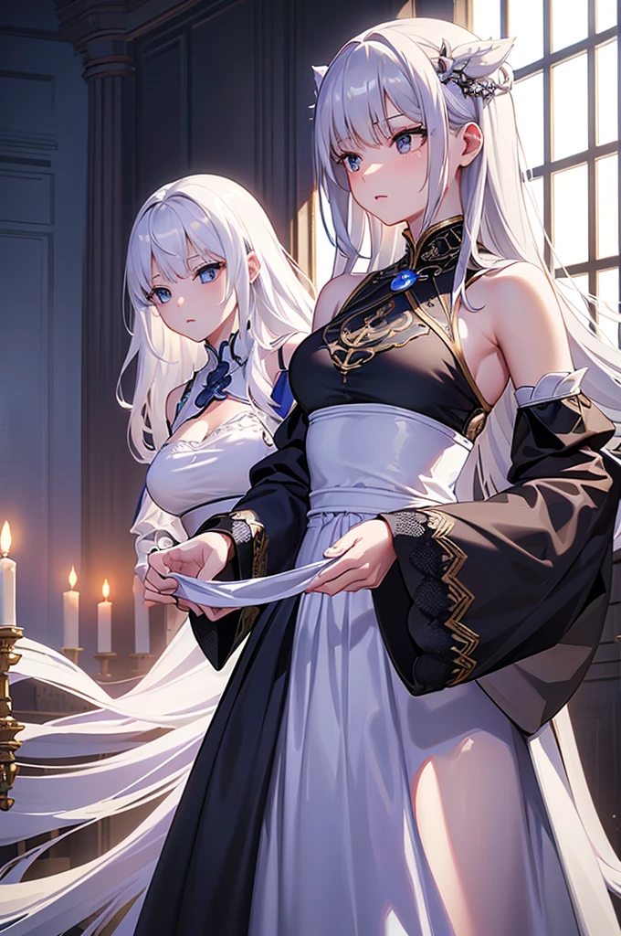 ((masterpiece:1.5,Highest quality,Highly detailed images,Beautiful images、Realistic、Photorealistic、2.5D))(1girl, 独奏)(medium breasts, white hair, black eyes, Healthy legs、Tight ass、Beautiful cleavage)(Fantasy dresses、Fantasy Costume: Battle Dress from Another World)(wind, floating hair)(Inside the castle、Audience Chamber）
