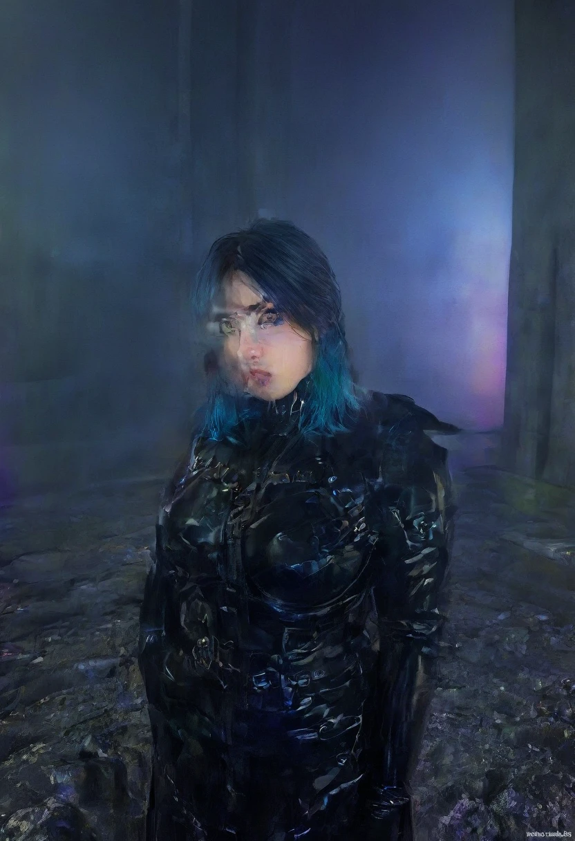 a beautiful young woman with intense cyberpunk city night behind her, wearing a leather jacket, lingerie, and black jeans, dramatic lighting, (police badge:1.2), detailed facial features, highly detailed, photorealistic, 8k, award winning art