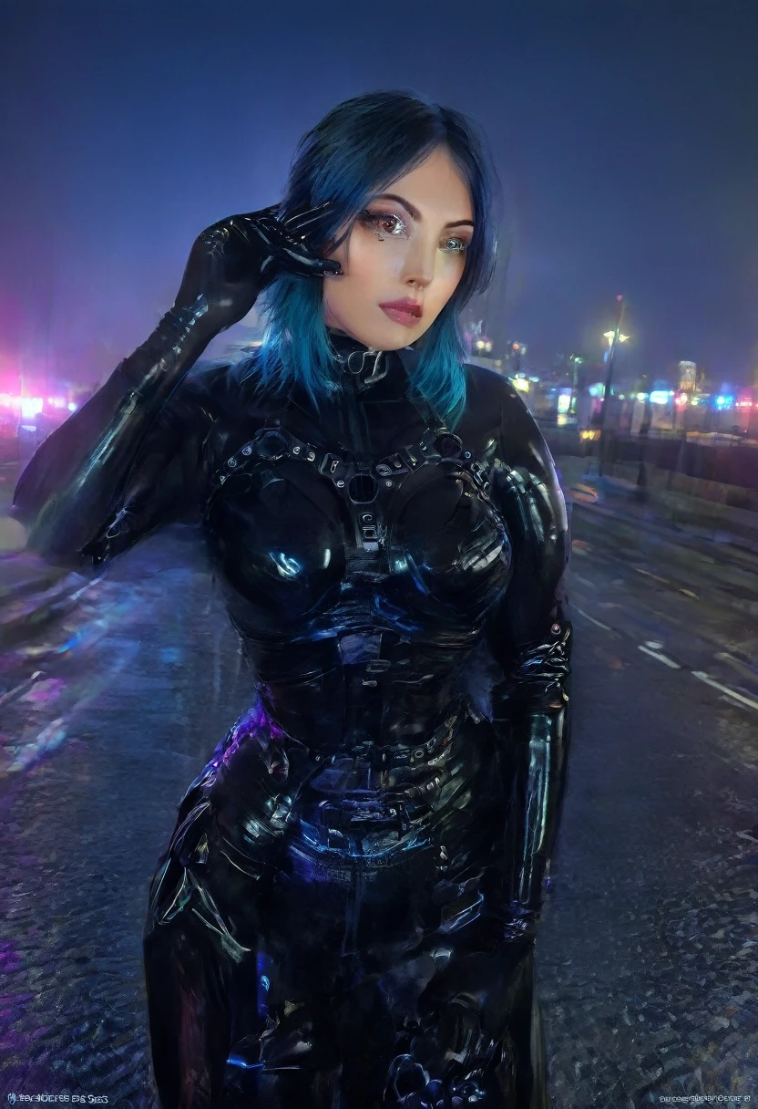 a beautiful young woman with intense cyberpunk city night behind her, wearing a leather jacket, lingerie, and black jeans, dramatic lighting, (police badge:1.2), detailed facial features, highly detailed, photorealistic, 8k, award winning art