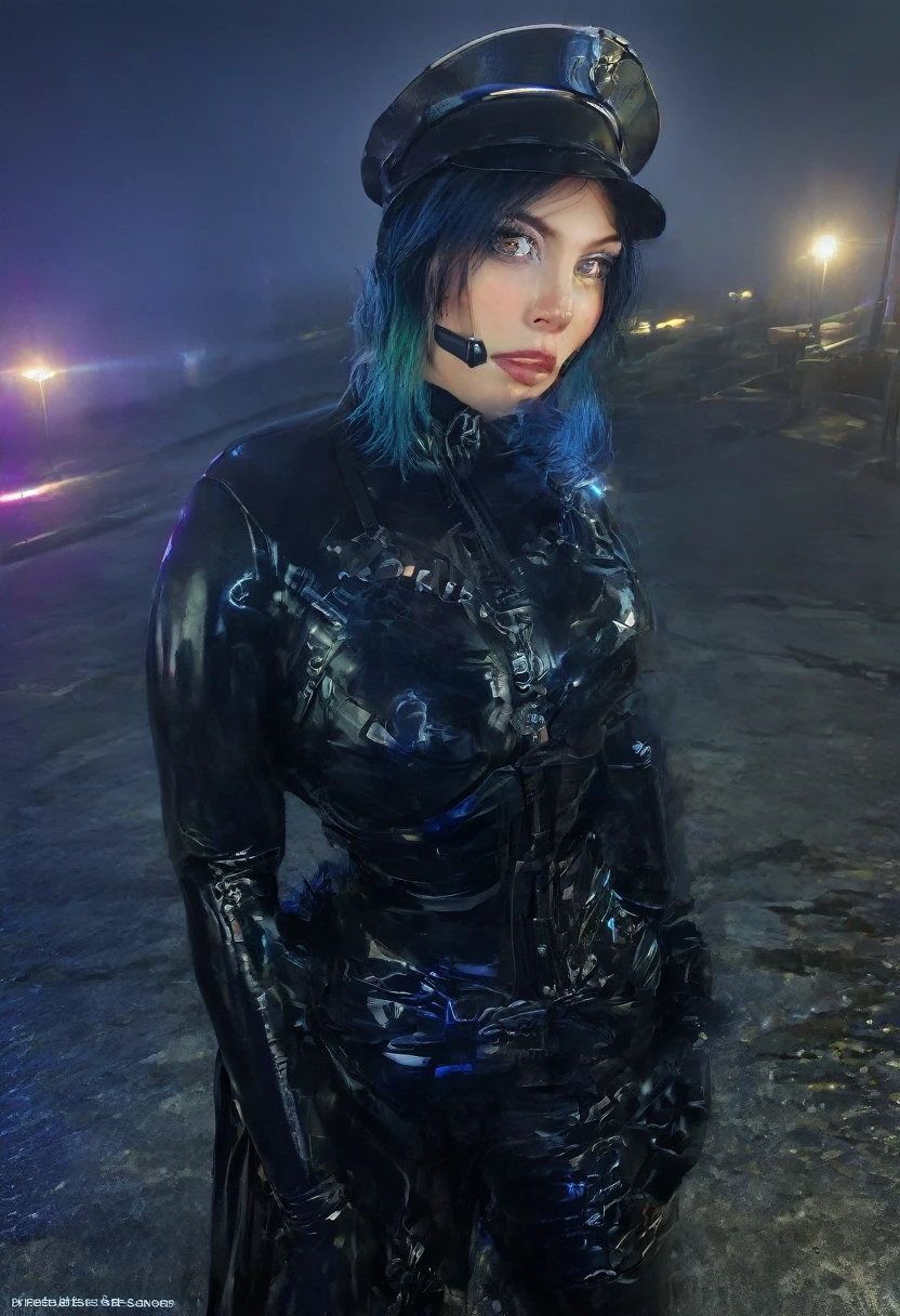 a beautiful young woman with intense cyberpunk city night behind her, wearing a leather jacket, lingerie, and black jeans, dramatic lighting, (police badge:1.2), detailed facial features, highly detailed, photorealistic, 8k, award winning art