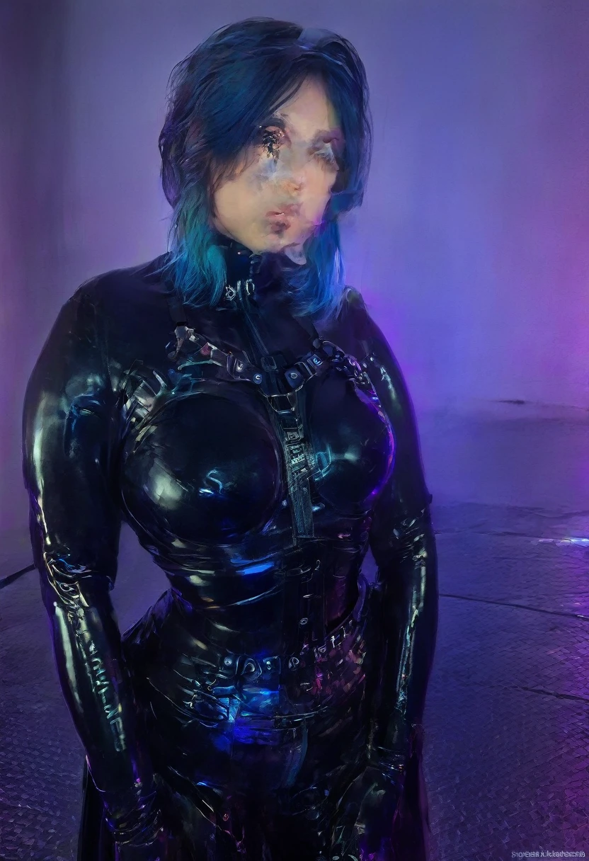 a beautiful young woman with intense cyberpunk city night behind her, wearing a leather jacket, lingerie, and black jeans, dramatic lighting, (police badge:1.2), detailed facial features, highly detailed, photorealistic, 8k, award winning art