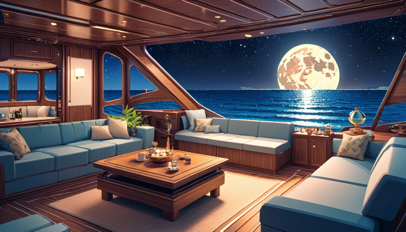 stunning detailed 8k HDR photo of a yacht floating in the middle of a beach, star-filled and full moon night sky above, intricate pixelart style, highly detailed interior of the yacht, relaxing color palette