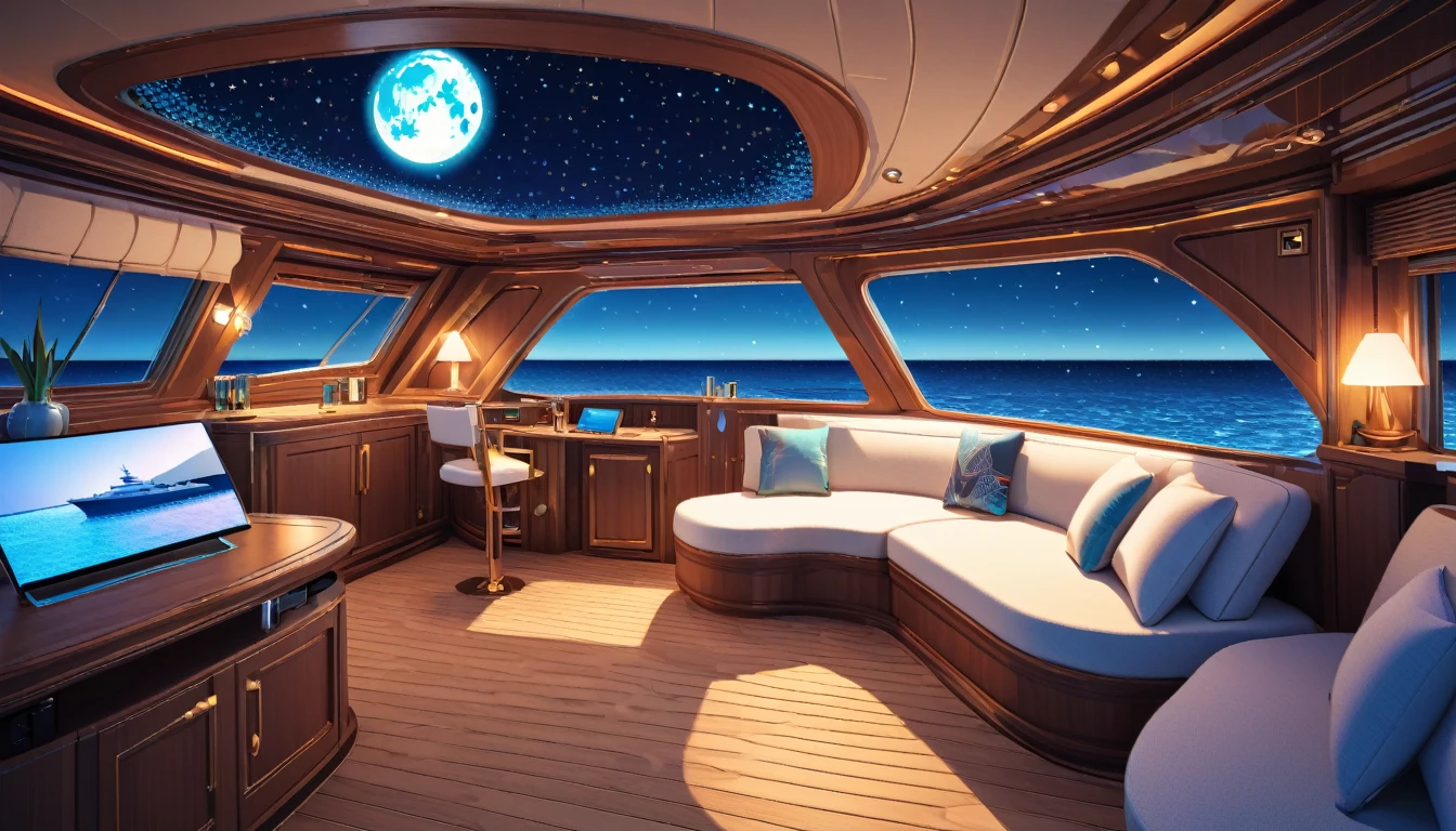 stunning detailed 8k HDR photo of a yacht floating in the middle of a beach, star-filled and full moon night sky above, intricate pixelart style, highly detailed interior of the yacht, relaxing color palette