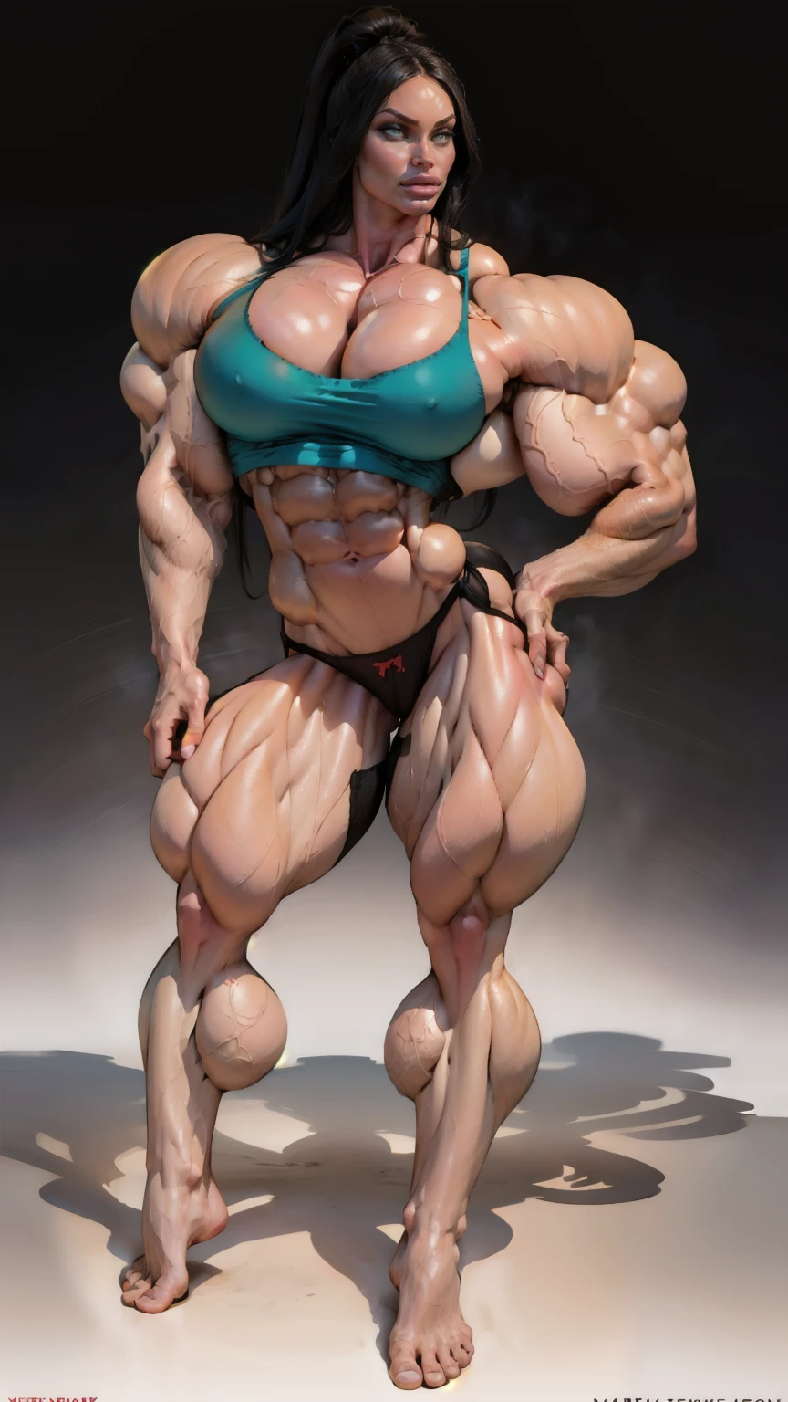 (megan fox), (((1 girl))), (very muscular bodybuilder girl:1.25), (huge upper body:1.25), (narrow hips:1.45), long hair, (black sexy lingerie:1.0), (full body front view:1.0), (perfect hands, perfect fingers), ((grey empty background:1.0))