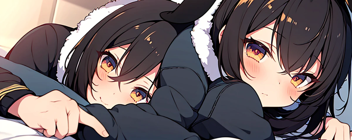 anime girl with hoodie and bunny ears on her head, anime moe art style, black haired girl lying on her bed