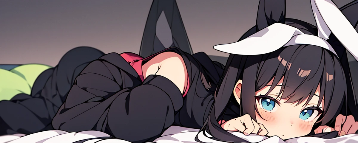 anime girl with hoodie and bunny ears on her head, anime moe art style, black haired girl lying on her bed