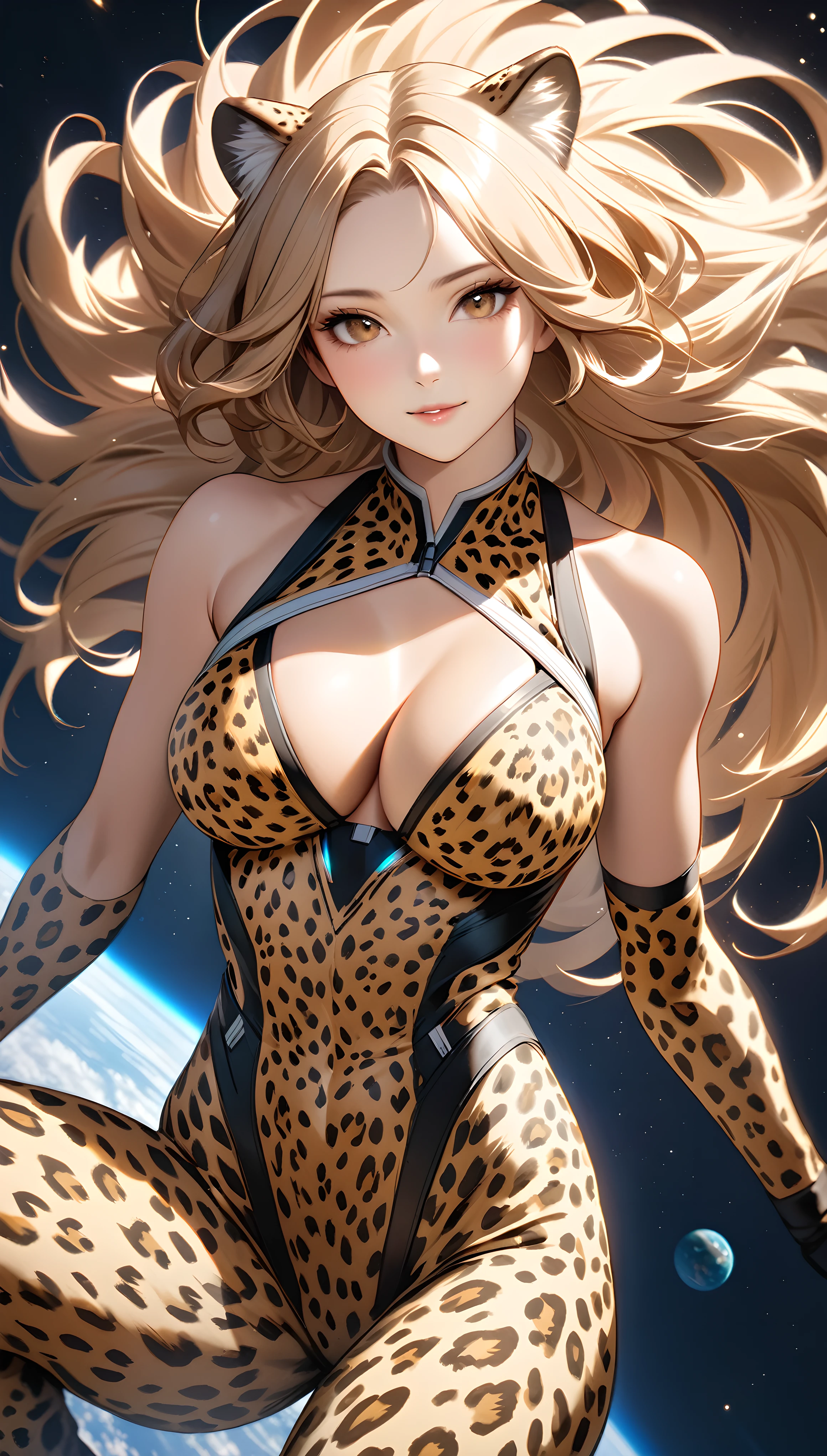 A woman with a realistic cheetah body, Attractive face of a person, A woman with a human face, Detailed and fresh, Realistic cheetah fur texture, Slender body, Captivating female cheetah breasts, Fur with feminine body lines, 120km/h jump, The perfect cheetah body, Female body shape, A big jump from Earth into space, Create an aesthetic piece, Unleash the power of AI