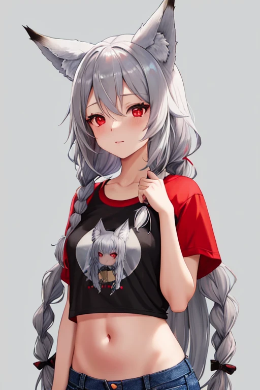 Gray Hair, Long braids, Fox Ears, One girl, alone, Small breasts, Red eyes, morning, Crop T-shirt, jeans, Hands made with love, Simple background
