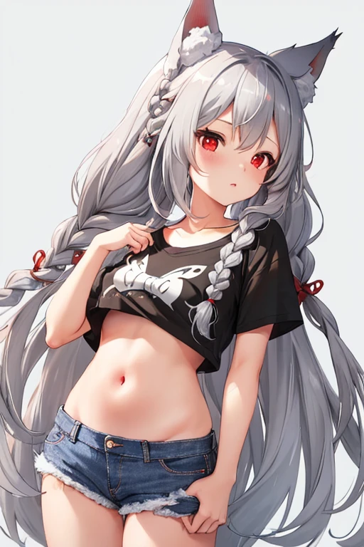 Gray Hair, Long braids, Fox Ears, One girl, alone, Small , Red eyes, morning, Crop T-shirt, jeans, Hands made with love, Simple background