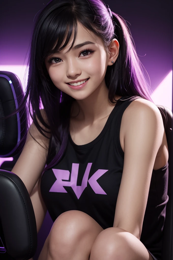 A gamer girl,black cropped,Grinning,purple backdrop, side lighting