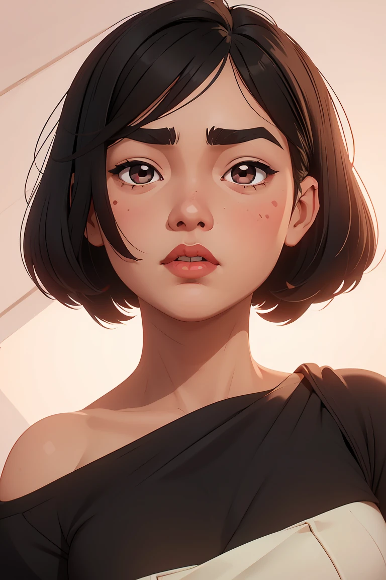 slightly chubby girl, medium-Length black hair, bangs, rounder face, droopy nose tip, small round red lips, round cheeks, intense dark round asian eyes, beauty spot above eyes